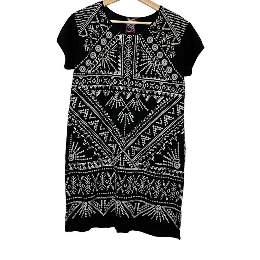 Johnny Was Black White Embroidered Tunic Linen Dress Size S Women